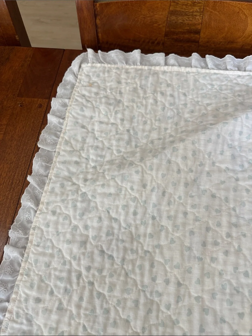 Vintage Yellow Precious Moments Baby Quilt w/ Ruffle Trim approx 45inX35&1/2in